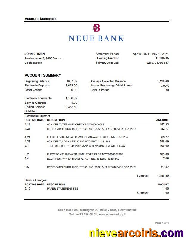 Liechtenstein Neue Bank AG bank statement easy to fill in .xls and .pdf file format